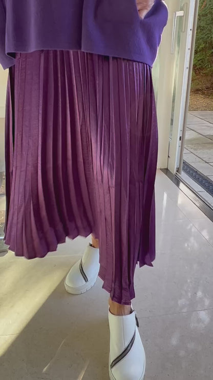 Kelly Pleated Long Satin Skirt in Purple Berry